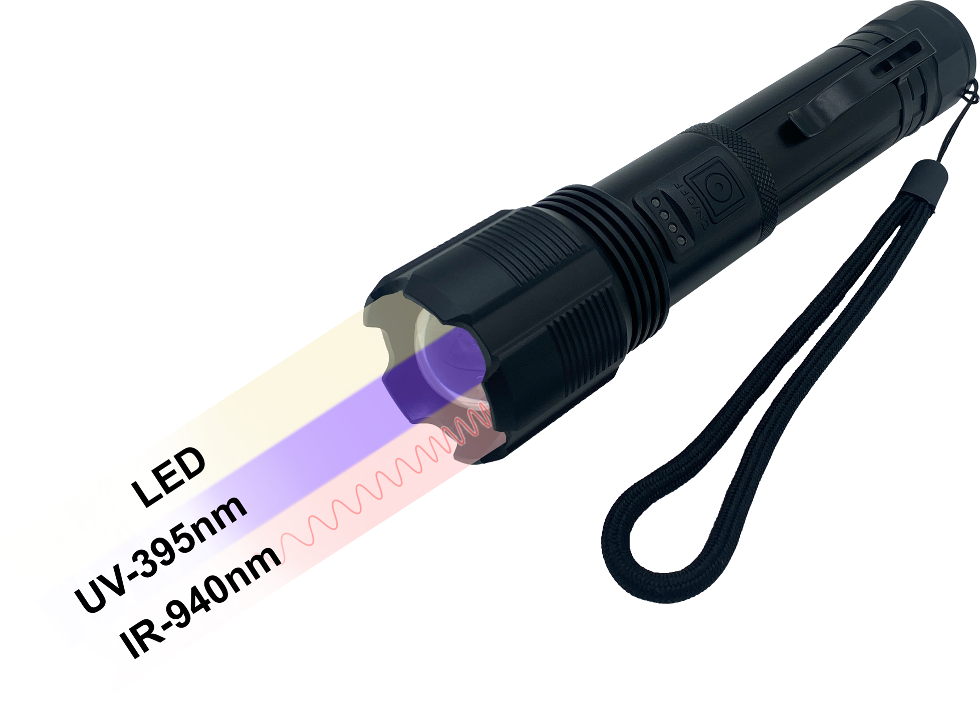 Three-function LED flashlight, White, IR, UV