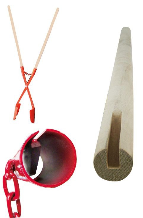 Post hole digger for holes up to 280 mm diameter for fence posts or hide stand posts. Total length about 1,44 m.