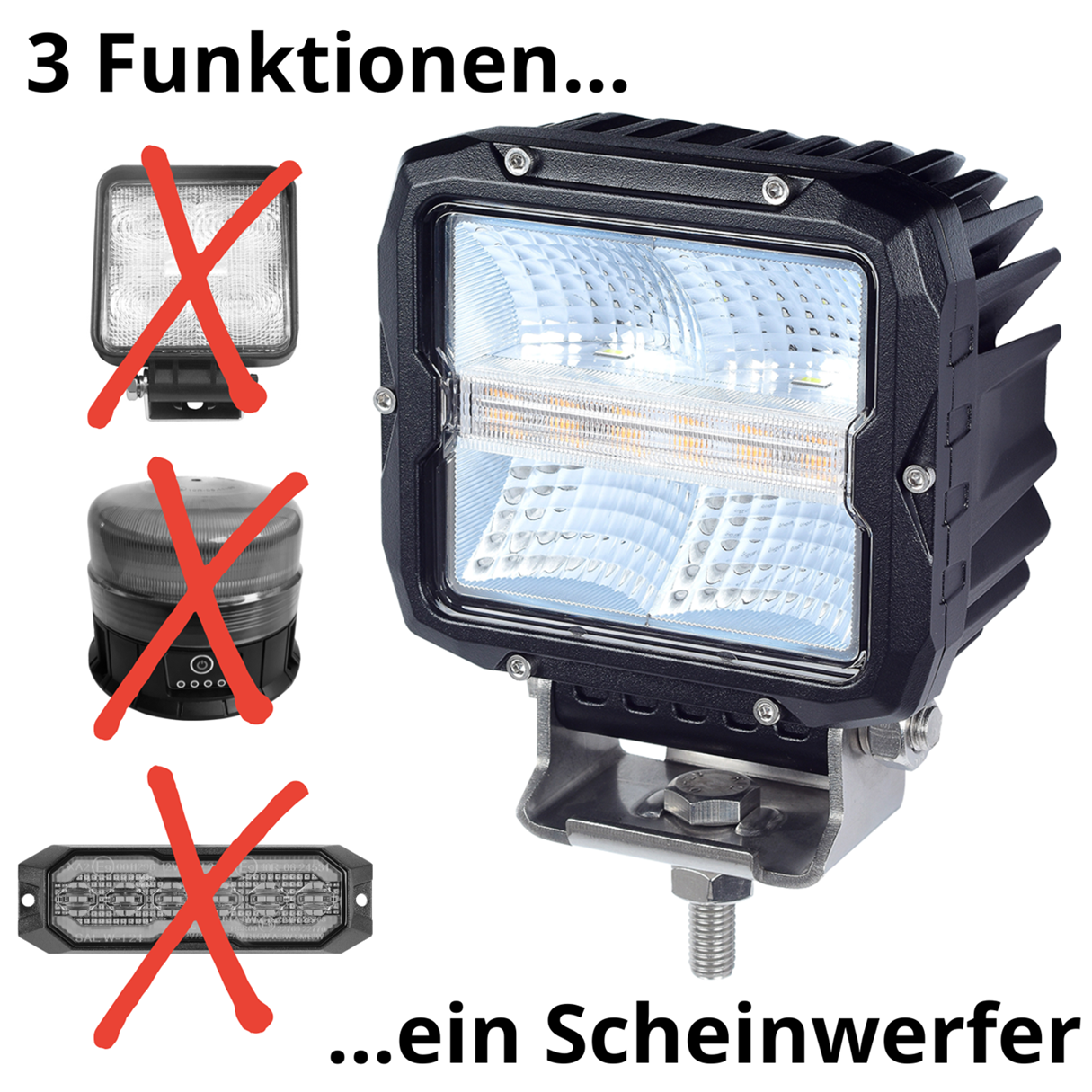 3-in-1 LED Work Light 60 W / 5,000 lm with R65 Warning Light and R148 Position Light